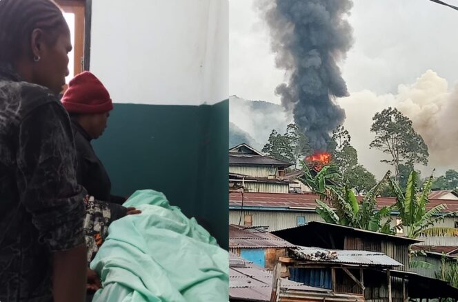 
					Kolase foto pembakaran dan korban bentrok massa pendukung caleg di Kabupaten Puncak Jaya, Selasa 27 Februari 2024. 