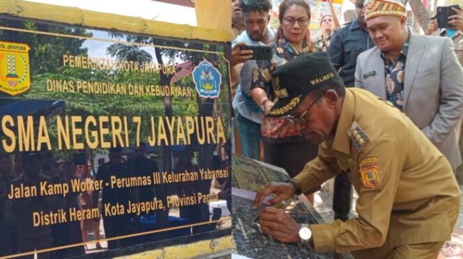 
					Penjabat Wali Kota Jayapura, Frans Pekey meresmikan SMA Negeri 7 Jayapura hasil merger 2 sekolah swasta, Senin 22 April 2024. (KabarPapua.co/Natalya Yoku)