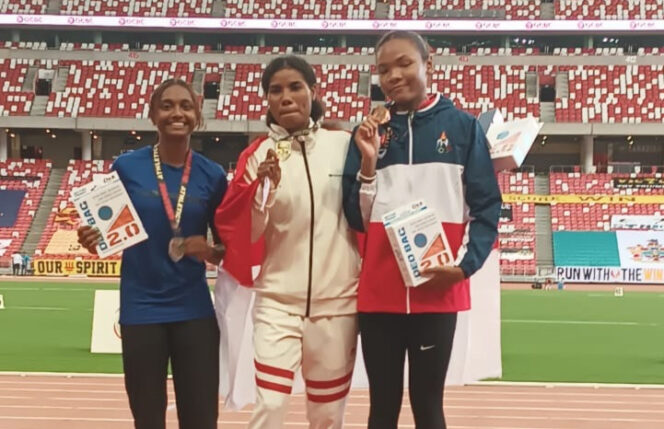 
					Mergina Asyerem berhasil meraih medali Emas di nomor lari 400 meter putri dengan catatan waktu 56.30 detik. (Foto: PTFI)