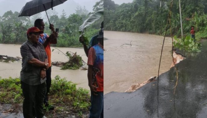 
					Sekda Yapen, Erny Tania saat memantau ruas jalan yang rusak akibat meluapnya kali, Jumat 31 Mei 2024. (KabarPapua.co/Agies Pranoto) 