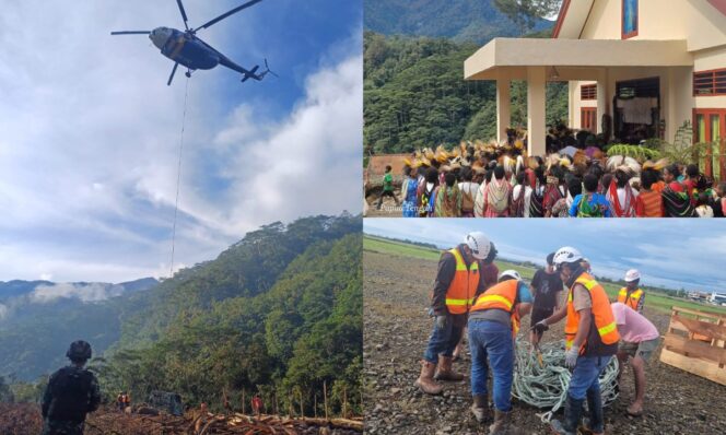 
					Foto kolase distribusi logistik oleh Freeport Indonesia untuk mendukung peresmian gereja di Tembagapura, Sabtu 9 Juni 2024. (Dok Freeport)