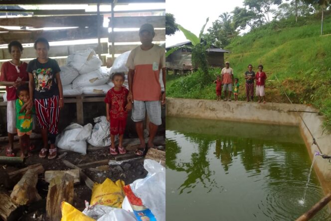 
					Kepala Kampung Manainin, Yofet Rawai menunjukkan kolam ikan bantuan dari Dinas Perikanan Kabupaten Kepulauan Yapen. (Ist)