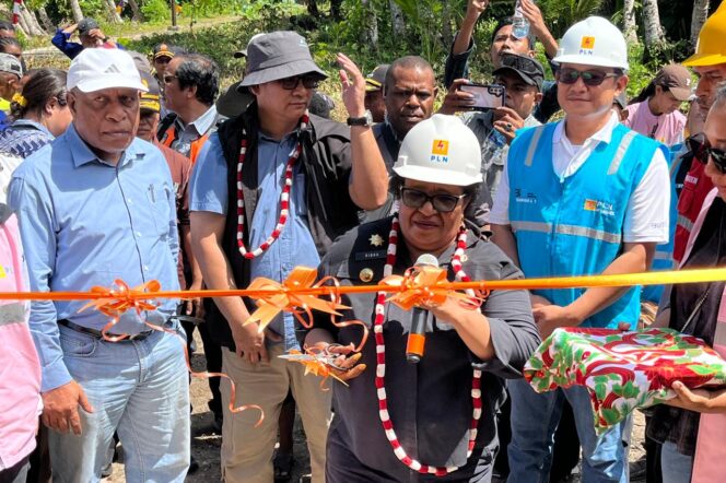 
					Penjabat Gubernur Papua Tengah, Ribka Haluk meresmikan desa berlistrik di Distrik Pulau Moora, Sabtu 22 Juni 2024. (Humas Pemprov Papua Tengah)