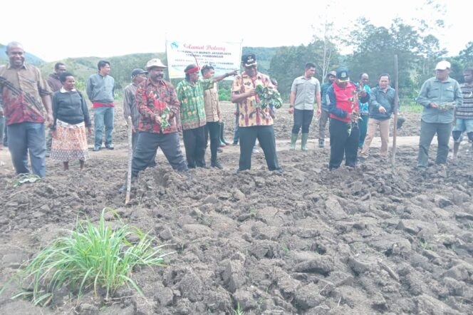 
					Penjabat Bupati Jayawijaya, Thony M. Mayor saat kunjungan ke Distrik Asologaim dalam penanaman produk pertanian. (KabarPapua.co/Stefanus Tarsi)