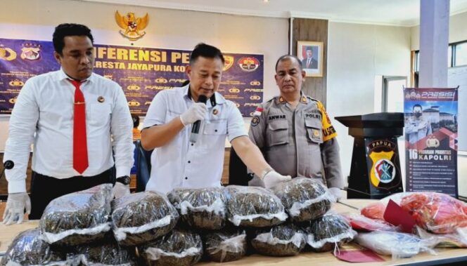 
					Polresta Jayapura Kota bersama Direktorat Resnarkoba Polda Papua saat merilis pengungkapan kasus ganja seberat 9,6 Kg. (Polda Papua)