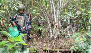 Satgas Yonif 131 Braja Sakti saat melakukan patroli di jalur tikus Perbatasan Papua Nugini. (Ist)