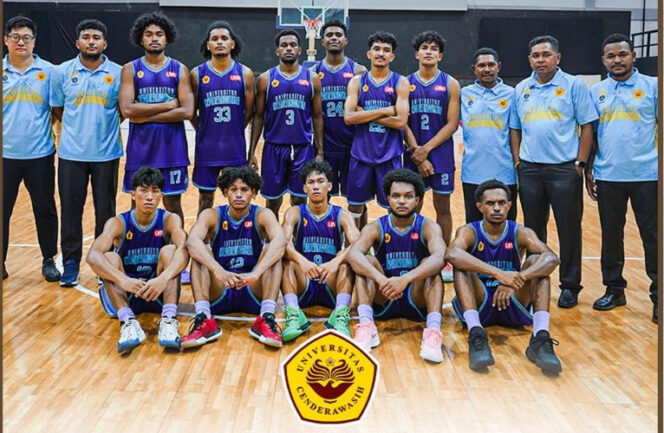 
					Tim bola basket putra Universitas Cenderawasih (Uncen) masuk  babak final Liga Mahasiswa  2024 usai mengalahkan Team Basket Unsrat dengan skor 100 - 46 dalam pertandingan semi final di GOR UNESA Surabaya. Foto:  IG Liga Mahasiswa Official.