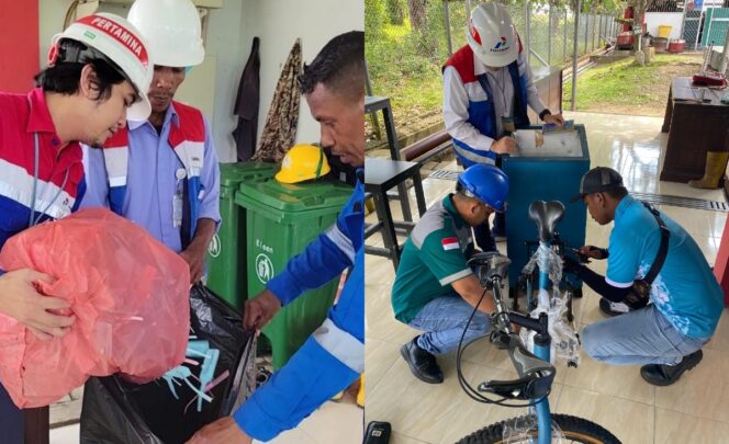 
					Kolase program SPP Berbayar Sampah untuk mendukung pendidikan anak Negeri Laha. (Pertamina)