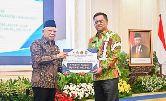 
					Wakil Presiden Ma'ruf Amin saat memberikan insentif fiskal kepada Pemerintah Kabupaten Jayapura atas kinerjanya dalam penghapusan kemiskinan ekstrem. (Dok: jayapurakab.go.id)