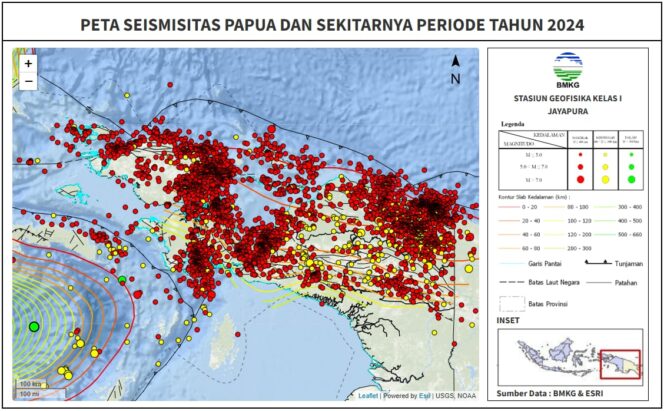 
					Sebaran gempa bumi sepanjang 2024. Ilustrasi: Stasiun Geofisika Kelas I Jayapura.
