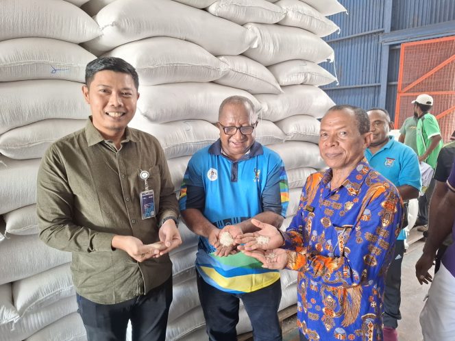 
					Peninjau kualitas beras Cadangan Pangan Pemerintah Daerah (CPPD) di gudang Bulog Serui.
Foto: Ainun Faathirjal/KabarPapua.co
