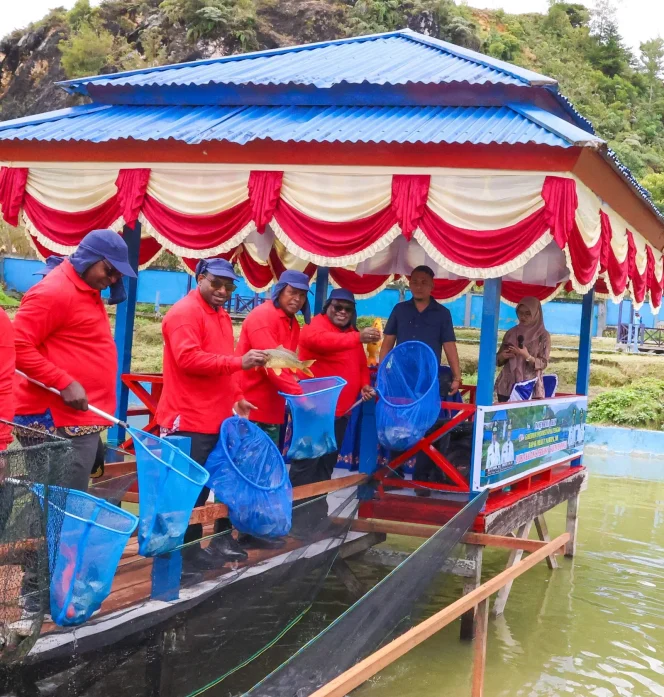 
					Gubernur Papua Tengah, Meki Nawipa pimpin panen ikan di Paniai. Foto: Humas PPT