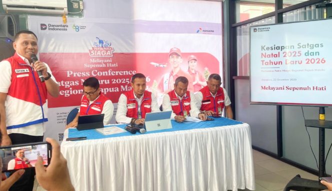 
					Suasana siaran pers Satgas Nataru 2025 Regional Papua Maluku yang digelar di SPBU Entrop, Kota Jayapura, Papua, Senin, 22 Desember 2025. (KabarPapua.co/Cunding Levi)