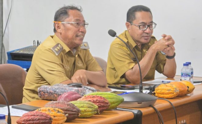 
					Wabup Kepulauan Yapen Roi Palunga, saat pembahasan rencana investasi kakao, ditandai dengan penunjukan contoh hasil kakao lokal sebagai potensi unggulan daerah. (Foto Humas Pemkab Kepulauan Yapen) 
