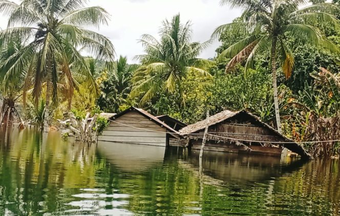 
					Rumah penduduk di Kampung Esrotnamba yang terendam luapan air danau di tahun 2025 lalu. (Foto dok: BPBD Kaimana)
