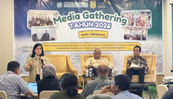 
					Para pemateri dalam kegiatan media gatherin tahun 2026 Kota Jayapura yang diselenggarakan BPJS Kesehatan. (KabarPapua.co/Imelda)