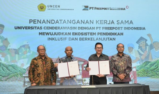 
					Penandatangan MoU PTFI – Uncen oleh Presiden Direktur PTFI Tony Wenas (kedua kanan) bersama Rektor Uncen Prof. Dr. Oscar O. Wambrauw SE., M.Sc., agr. (kedua kiri) untuk membangun kemitraan strategis bidang pendidikan dan pengajaran, penelitian diseminasi informasi dan pengabdian masyarakat di Papua.  (Foto dok: PTFI)
 
