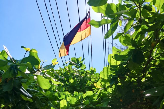 
					Pemasangan atribut Piala Dunia seperti bendera negara peserta Piala Dunia yang tidak memperhatikan jarak aman terhadap jaringan listrik PLN. (Foto dok: PLN Papua)