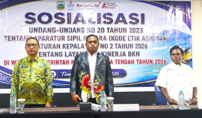 
					Kegiatan Sosialiasi Undang-Undang Nomor 20 Tahun 2023 tentang Kode Etik ASN dan Peraturan BKN Nomor 2 Tahun 2026 Layanan E-Kinerja BKN yang digelar BKPSDM Papua Tengah di Timika, Rabu, 29 Juli 2026. (Foto dok: papuatengahprov.go.id)