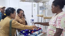 Plt DP3AKB Kepulauan Yapen, Rosita Mambay saat melihat kondisi bayi yang tengah mendapat perawatan di RSUD Serui. (KabarPapua.co/Ainun Faathirjal)
