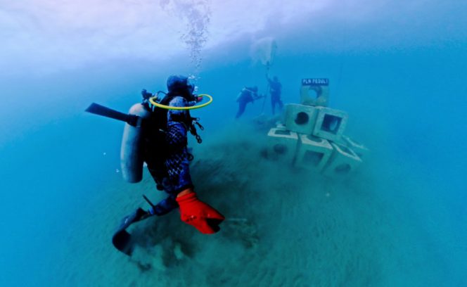 
					Saat pemasangan FABA di dasar laut untuk menjadi pilar-pilar rumah bagi biota laut. (Foto dok: PLN UIW Papua dan Papua Barat)