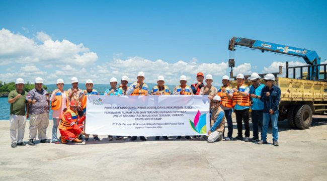 Kegiatan peresmian program TJSL pembuatan rumah ikan dari FABA dilaksanakan di Pantai Holtekamp, Kota Jayapura, sebagai wujud komitmen PLN dalam mendukung pemulihan ekosistem pesisir, menciptakan habitat baru bagi biota laut, serta meningkatkan potensi hasil tangkapan nelayan lokal. (Foto dok: PLN UIW Papua dan Papua Barat)