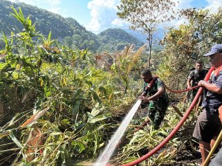 Sinergi TNI, Damkar, dan masyarakat dalam upaya memadamkan kebakaran lahan di Kampung Pasir Hitam, Yapen Selatan. Foto: ist