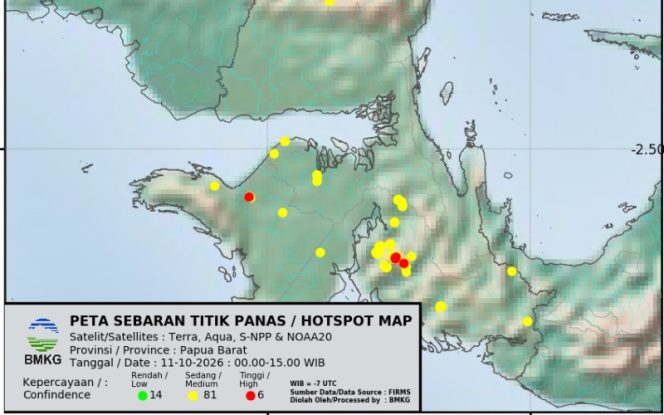 
					Ilustrasi peta sebaran titik panas di wilayah Papua Barat. (Foto dok: BMKG)