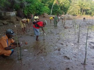 Dandim 1709 Yawa Letkol Inf Ahmad Albar bersama unsur terkait dan masyarakat menanam pohon di Kampung Turu, Yapen Selatan. (Foto: IST)