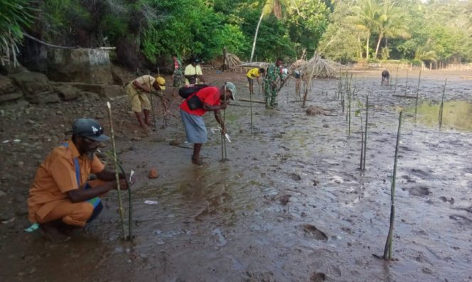 
					Dandim 1709 Yawa Letkol Inf Ahmad Albar bersama unsur terkait dan masyarakat menanam pohon di Kampung Turu, Yapen Selatan. (Foto: IST)