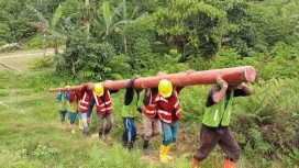 Petugas PLN bergotong royong mengangkut material tiang listrik melewati medan yang menantang demi mendukung pembangunan infrastruktur kelistrikan dan menghadirkan terang hingga ke pelosok Tanah Papua. Foto: PLN Papua 